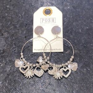 Posh Silver Heart & Sunburst Charm Hoop Earrings - Silver Tone